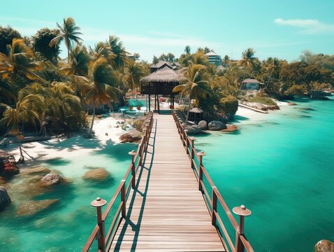 Aerial view of tropical coast at beach resort destination during summer vacation holidays with wooden pier and shallow sea water in the island bay, Generative AI