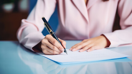 Close-up of a female hands signing a document with a pen. Banner for a legal agency, notary. Office worker for paperwork. 