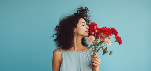 Portrait of a woman smelling flowers on flat pastel blue background with copy space for text, spring banner template. Bouquet gift, flower store. 