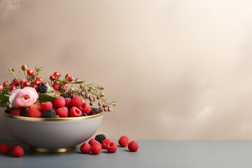 A chic matte taupe backdrop with a hint of gold accents, framing a colorful bowl of mixed berries.