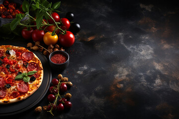 An opulent black textured background featuring an artistic Italian pizza arrangement on the left corner.