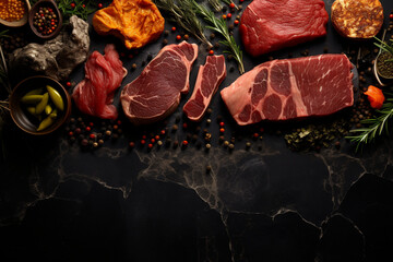 An opulent black textured background featuring an artistic display of succulent steak cuts on the right side. - obrazy, fototapety, plakaty