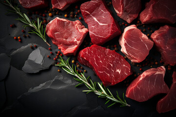 A sophisticated dark gray textured background featuring an artistic display of succulent cuts of beef on the right side.