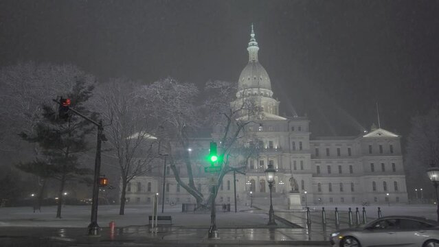 Snowy Lansing Michigan State Capitol at night