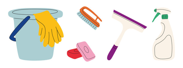Vector image of a set for cleaning. Household cleaning products. Illustration in flat style. Background blue.