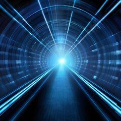 Abstract tunnel, corridor with rays of light and new highlights. Abstract blue background, neon. Scene with rays and lines, Round arch, light in motion, night view, Generative AI