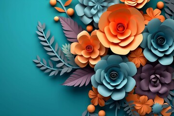 Colorful 3D floral background with paper flowers and leaves. Suitable for greeting cards, beauty products, and fashion. Generative AI
