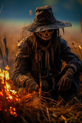 An illustration of a scarecrow bathing in the eerie light of a Halloween bonfire, casting long shadows on the tall grass of a field. Generative AI