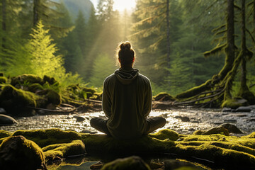 A harmonious scene of a person meditating in a tranquil forest, connecting with nature and advocating for mindfulness and conservation.