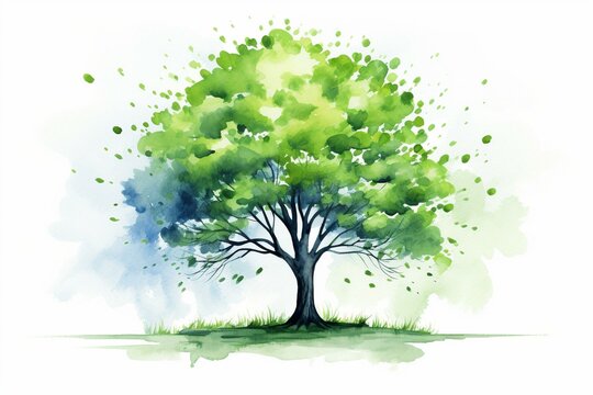 Watercolor tree on light background for Arbor Day. Ecology concept for Earth Day, environment, and nature. Generative AI