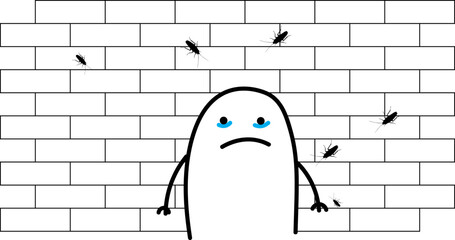 Thumb man.  Crying in front of a wall full of disgusting cockroaches. Charcter emotional. New set of characters in the style of meme flork. - obrazy, fototapety, plakaty