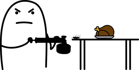 Thumb man.  Exterminating a cockroach using poison spray. The cockroach is on a table next to a roasted chicken.  Charcter emotional. New set of characters in the style of meme flork.
