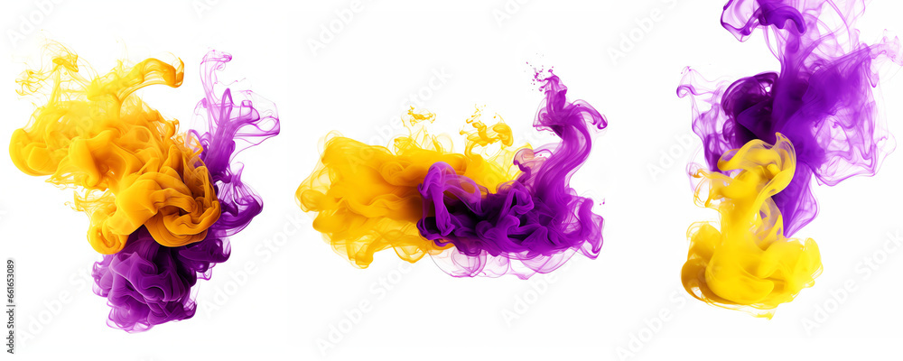 Wall mural yellow and purple abstract smoke cloud paint splash isolated transparent