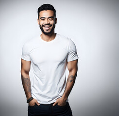 Fototapeta premium portrait of a happy man and white t shirt mock up, body of young man 