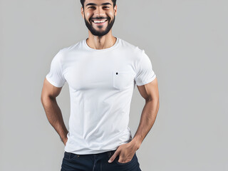 portrait of a person , portrait of a happy man and white t shirt mock up, body of young man 