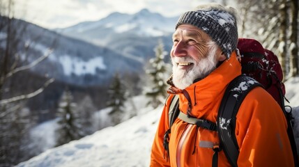 Senior man enjoys nature while cross country skiing - obrazy, fototapety, plakaty