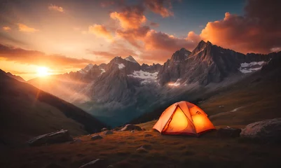 Foto op Plexiglas camping tent high in the mountains at sunset, creating a sense of peace, tranquility, and the beauty of nature in the twilight hours. © yahya