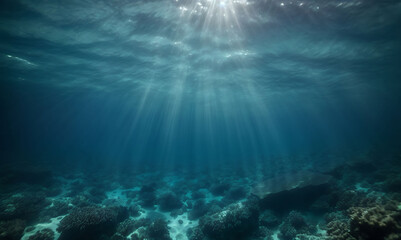 view from underwater, looking up at the dark blue ocean surface, conveying the serene beauty and vastness of the ocean depths.