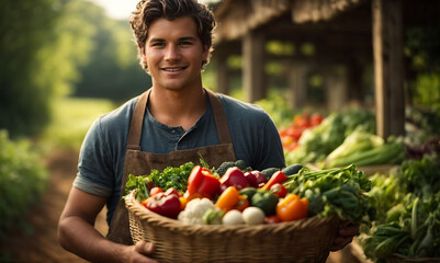 young farmer proudly holding fresh, organic vegetables, emphasizing the values of healthy living - obrazy, fototapety, plakaty