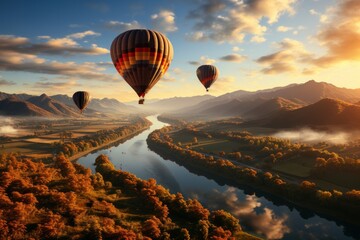 A breathtaking aerial view of hot air balloons soaring over a picturesque valley filled with vibrant autumn foliage, symbolizing the magic and tranquility of outdoor balloon rides