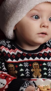 Christmas vertical video. Portrait of cute smiling baby wearing Christmas sweater.