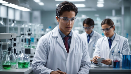 professional healthcare researchers working in a medical science and technology laboratory while conducting chemical experiments in a hospital setting.