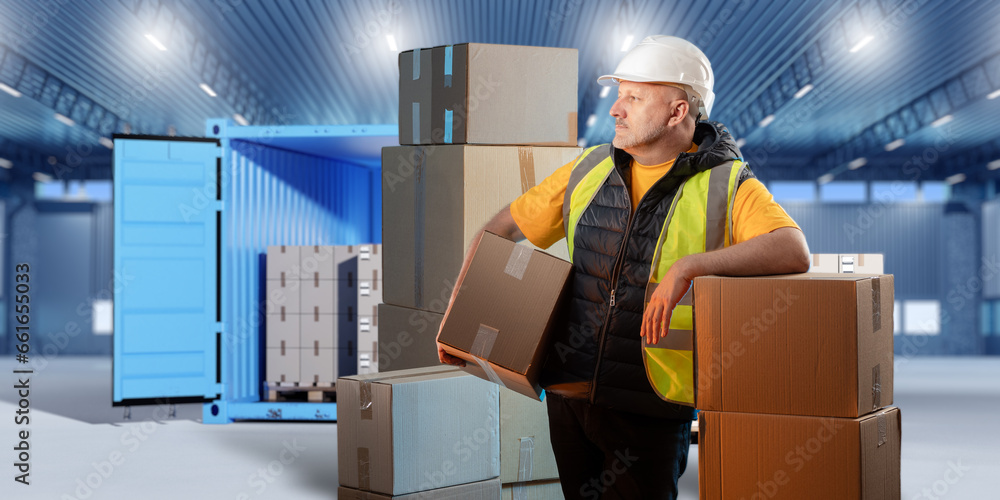 Poster man is loader. guy in warehouse with boxes. worker in hangar with shipping container. loader unloads