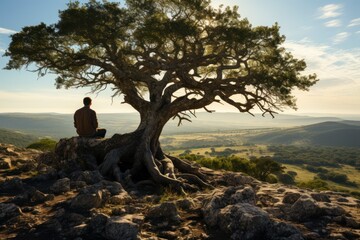 A contemplative shot of a lone tree-climber perched high in the branches of an ancient oak tree, gazing at the horizon, embodying the solitude and connection to nature in outdoor tree climbing