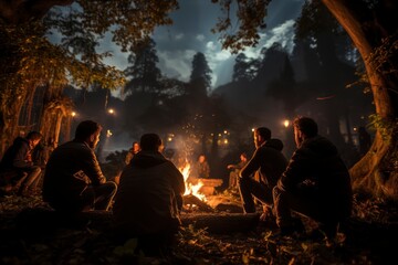 A group of friends gathered around a crackling campfire in the heart of a lush forest, under a starry night sky, enjoying the warmth and camaraderie of outdoor camping - obrazy, fototapety, plakaty