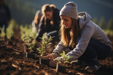 A heartwarming image of a group of volunteers planting trees in a reforestation project, symbolizing their commitment to environmental conservation and the positive impact of outdoor community activit