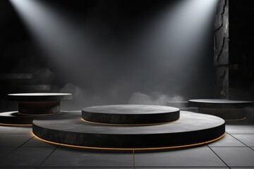 Marble podium on dark background with spotlights and yellow backlight. Empty pedestal for award ceremony. Black background