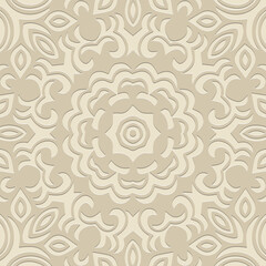 Embossed beige background, cover design. Geometric ethnic floral 3D pattern, press paper, leather. Handmade, mandala, ornament. Boho, original traditions of the East, Asia, India, Mexico, Aztec, Peru.