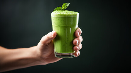 a person's hand holding a fresh green smoothie, promoting a healthy lifestyle