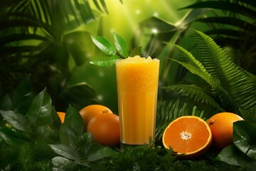 Orange juice with leafy background. Generative AI