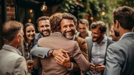 Obraz premium Friends at a reunion sharing a group hug