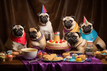 Pug-tastic Birthday Bash: Adorable Pugs Wearing Party Hats in a Lively Pug Happy Birthday Party Scene, generative AI