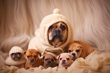 Pug Newborn Photos: Capturing the Bond between Mother and Puppies in an Adorable Series, generative AI