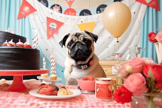 Pug-Themed Birthday Party: Happy Birthday Pug Banner and Decorations for a Paw-some Celebration, generative AI