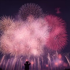 Fototapeta na wymiar Fireworks party at night, AI generated.;