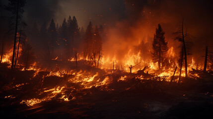 Forest on fire due to deforestation and global warming, ozone layer hole - obrazy, fototapety, plakaty
