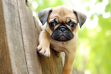 Obraz premium Cute Puppy Pug Picture: Pug Learning to Climb Stairs, generative AI