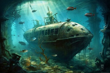 Underwater shipwreck artwork. Generative AI