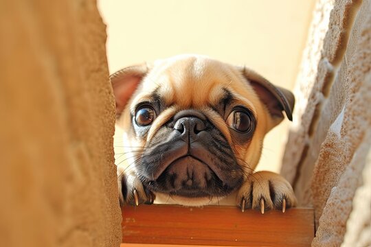 Cute Puppy Pug Learning to Climb Stairs: Adorable Pug Picture, generative AI