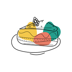 Piece of cake with blackberry on plate in line art style with colorful green-red-yellow inserts on white background. Cute hand-drawn vector illustration	
