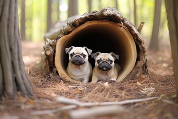 Little Pugs Exploring Their Surroundings: Adorable Photo of Playful Puppies, generative AI