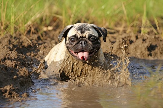 Playful Pugs in Mud Puddle: Hilarious Moments of Funny Pugs Splashing and Playing, generative AI