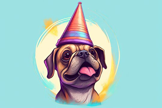 Pug Happy Birthday Illustration: Party Hat-Wearing Pug Blowing Party Horn, generative AI