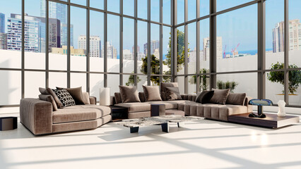 Large luxury modern bright interiors Living room mockup illustration 3D rendering computer digitally generated image