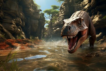 3D tyrannosaurus rex searching for food in ancient Hell Creek. Generative AI