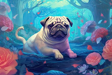 Fantasy Pug Wallpaper - Creative Interpretation of Pugs in a Whimsical World, generative AI